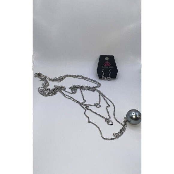 Paparazzi Jewelry Set Layered Necklace Heart Earings Silver Globe Oval Belcher - Picture 3 of 6